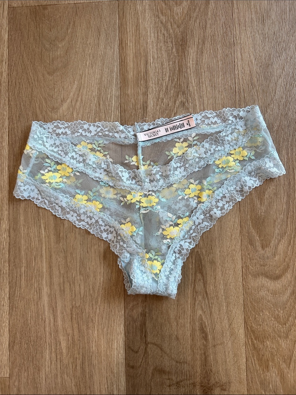 Victoria's Secret Pale Blue stretch lace Bikini Panty with Yellow Floral Embroid